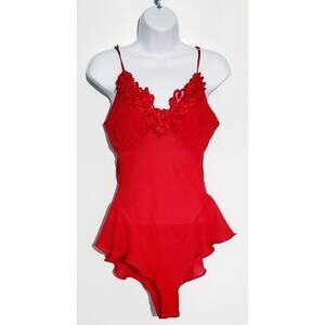 Vintage Delicates Womens Red Sheer One Piece Teddy Size Medium Valentines Sexy